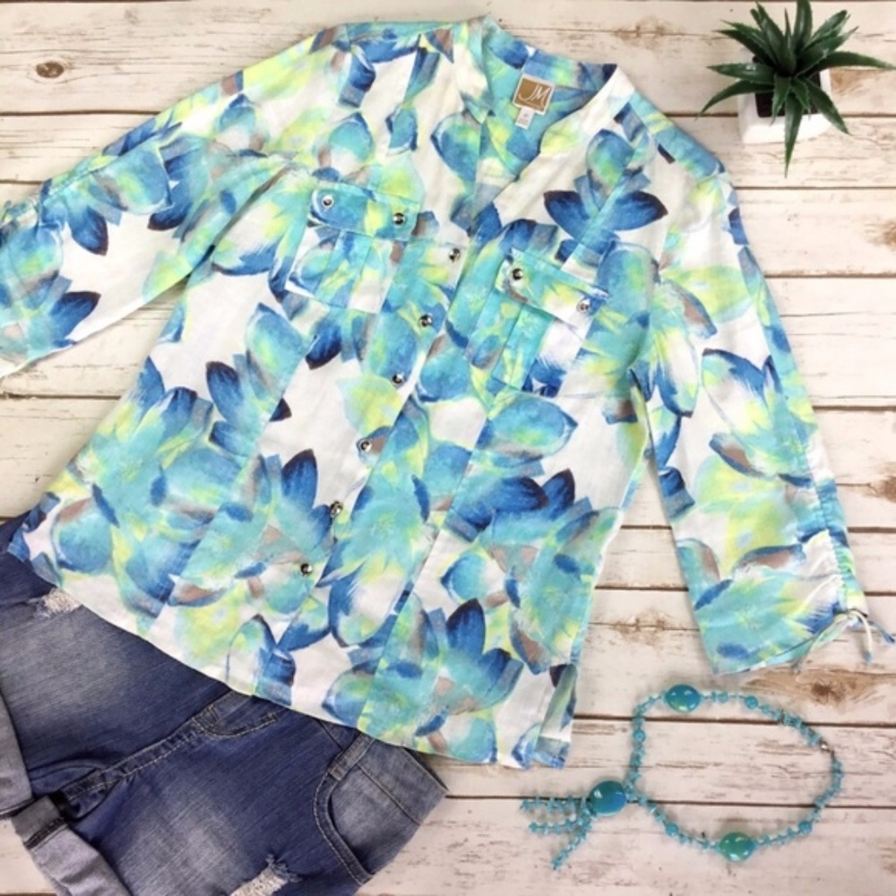 JM Collection Floral Watercolor V-Neck Linen Top